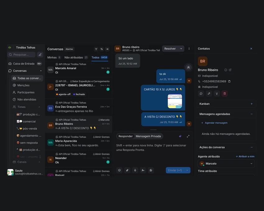 Central de atendimento com as conversas de clientes em um só painel