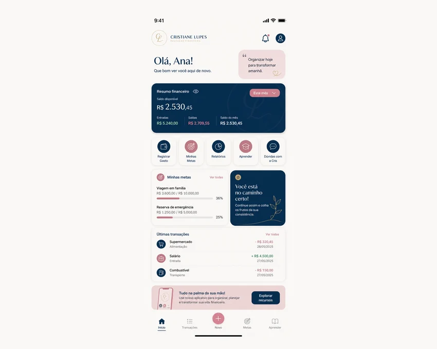 Aplicativo sob medida com painel financeiro do cliente
